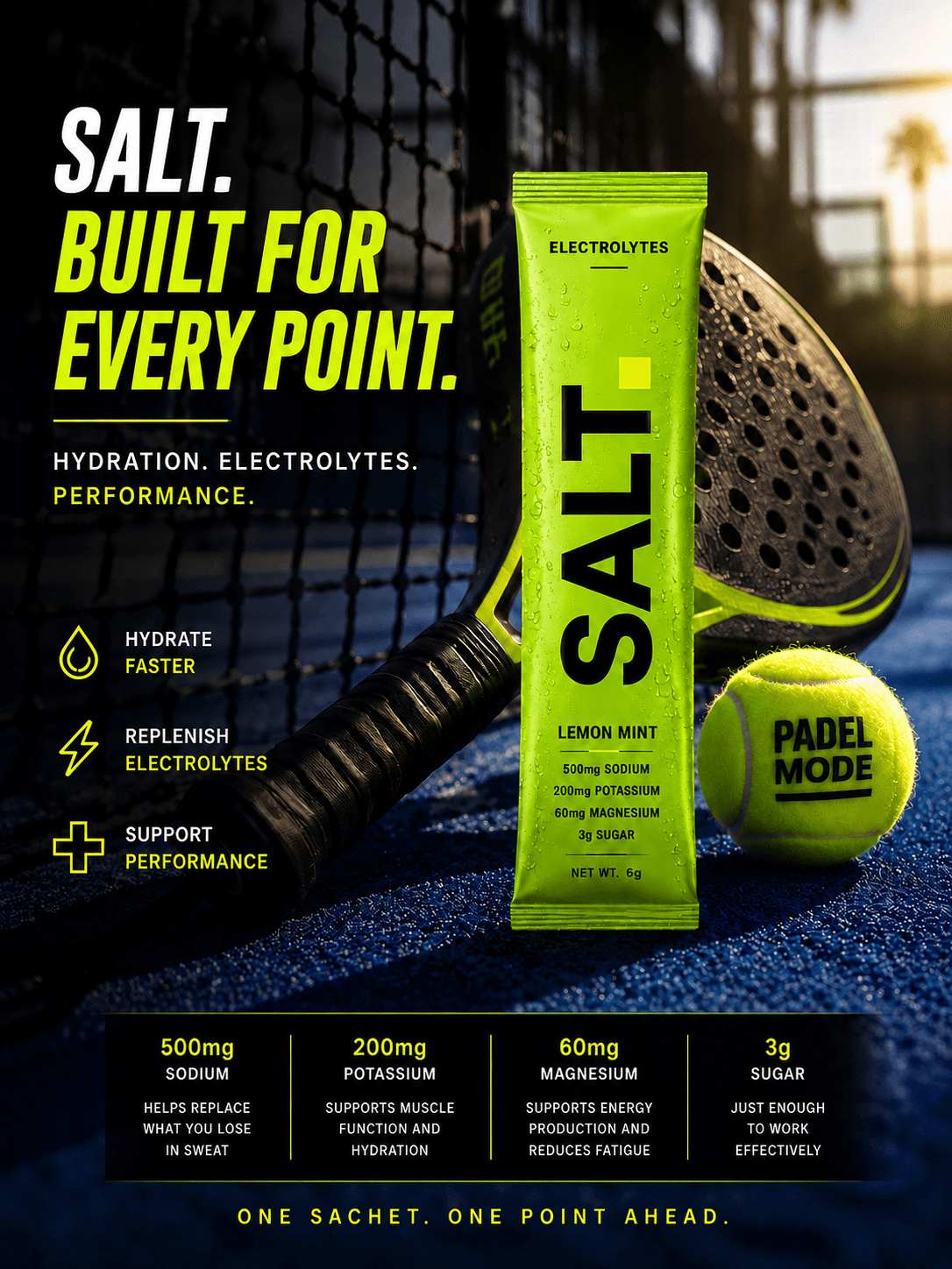 SALT. Built for every point. — Lemon Mint sachet on a padel court. One sachet. One point ahead.