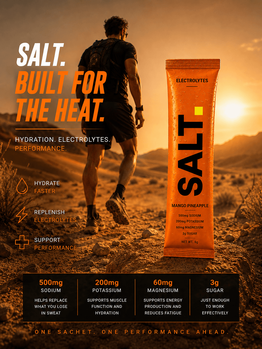 SALT. Built for the heat. — Mango Pineapple sachet in the desert. One sachet. One step ahead.