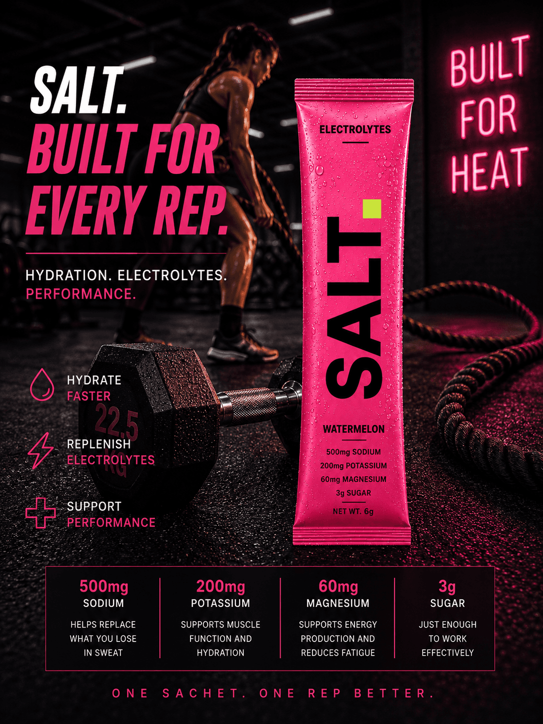 SALT. Built for every rep. — Watermelon sachet in the gym. One sachet. One rep better.