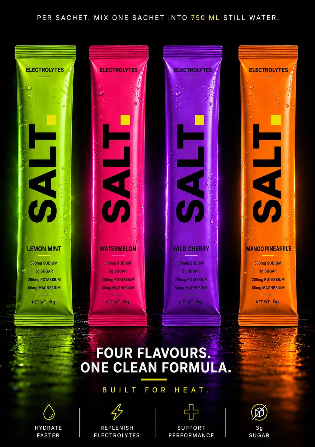 SALT Lemon Mint, Watermelon, Wild Cherry and Mango Pineapple electrolyte sachets — three electrolytes, 500 mg sodium and 3 g sugar per serve.
