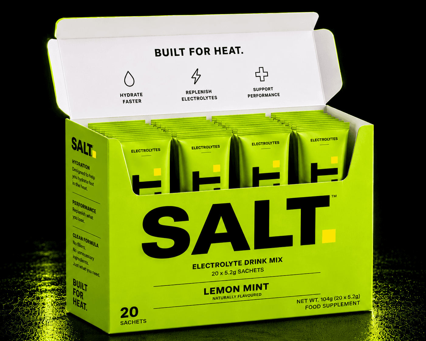 SALT Lemon Mint — box of 20 single-serve electrolyte sachets.