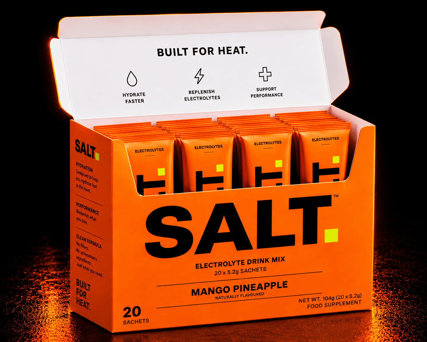 SALT Mango Pineapple — box of 20 single-serve electrolyte sachets.