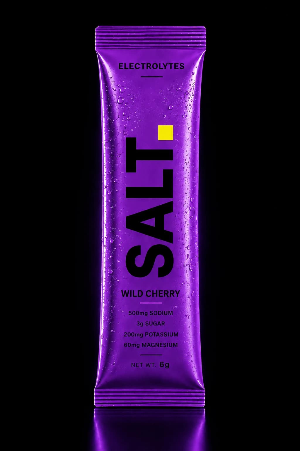SALT Wild Cherry sachet — vivid purple pack on a dark stage, 500mg sodium, 3g sugar per serve.