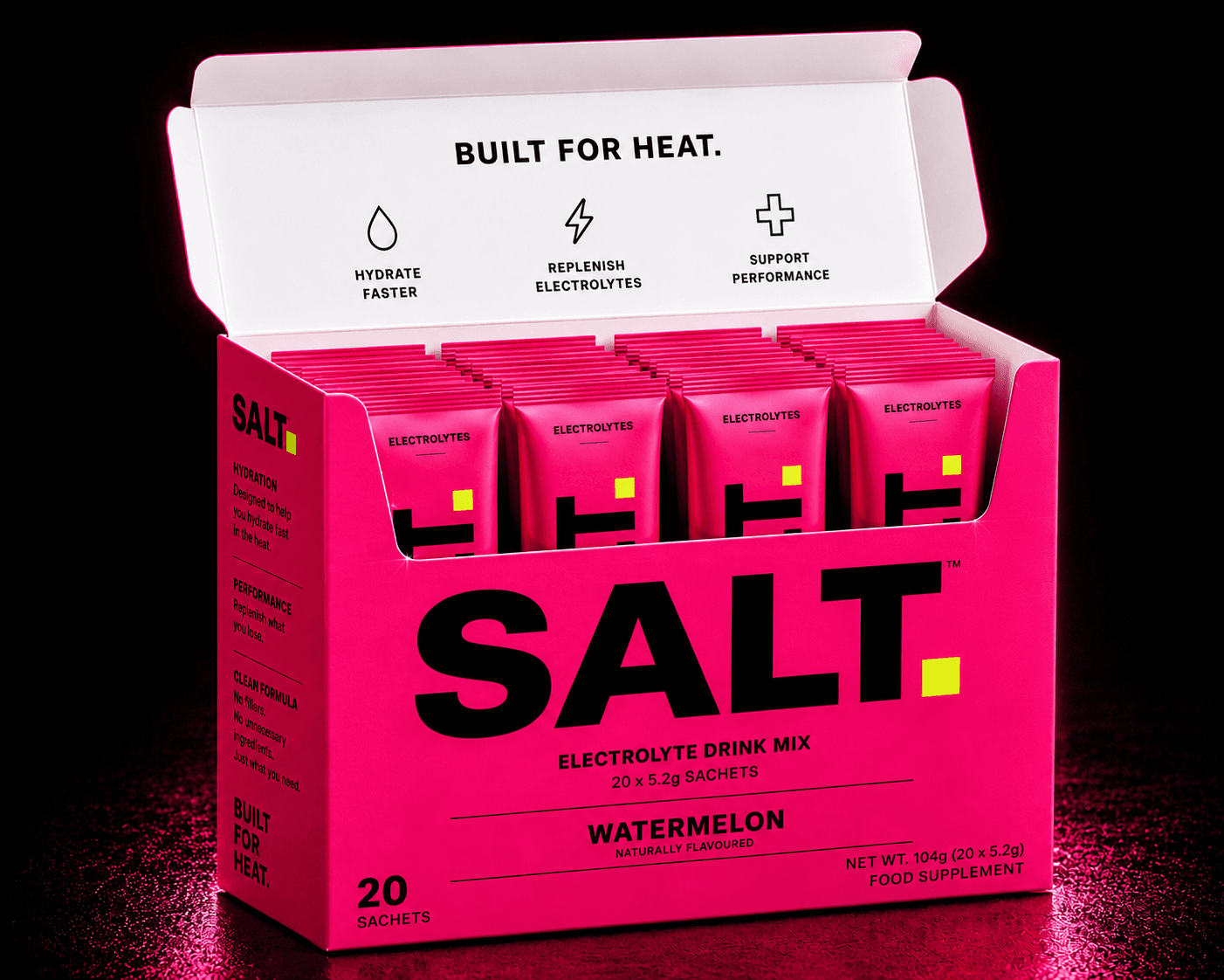 SALT Watermelon — box of 20 single-serve electrolyte sachets.