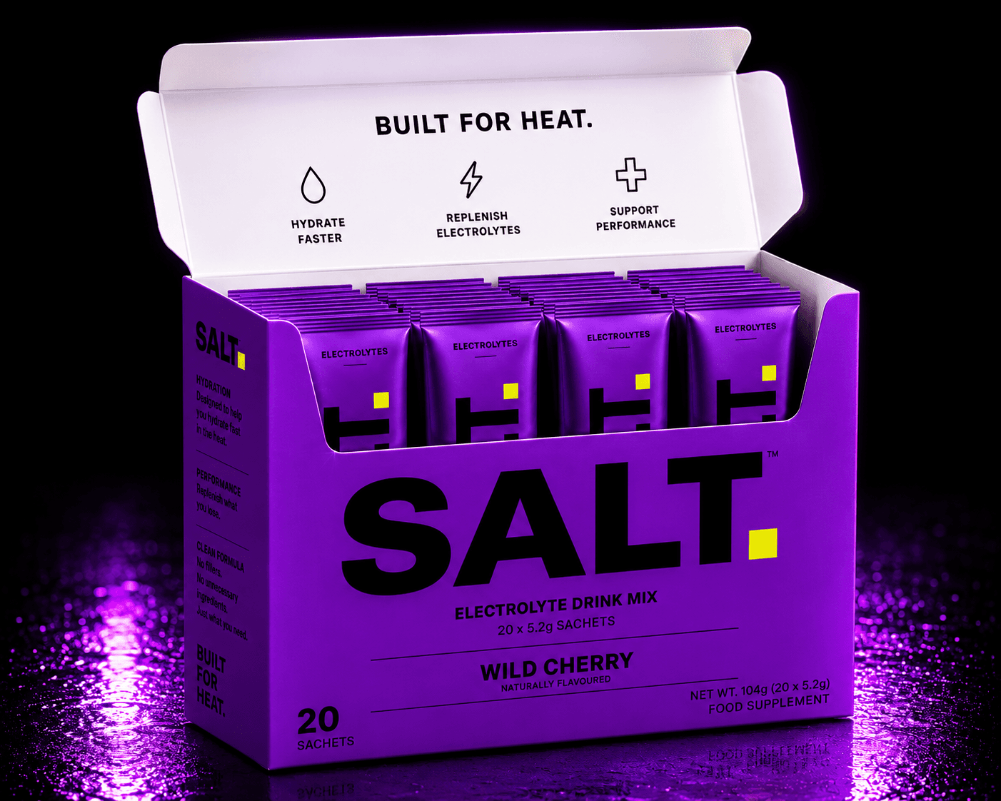 SALT Wild Cherry — box of 20 single-serve electrolyte sachets.