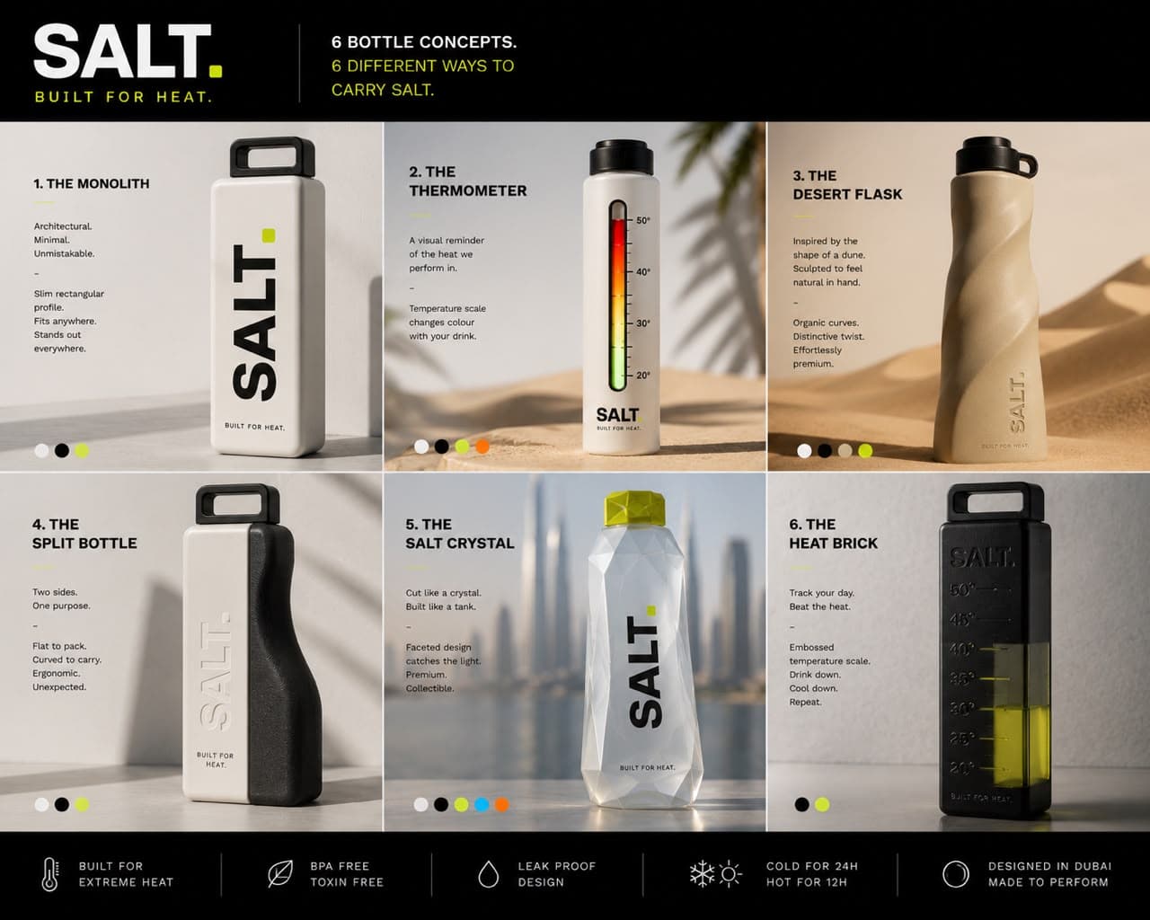 Six SALT bottle concepts — Monolith, Thermometer, Desert Flask, Split Bottle, SALT Crystal and Heat Brick.
